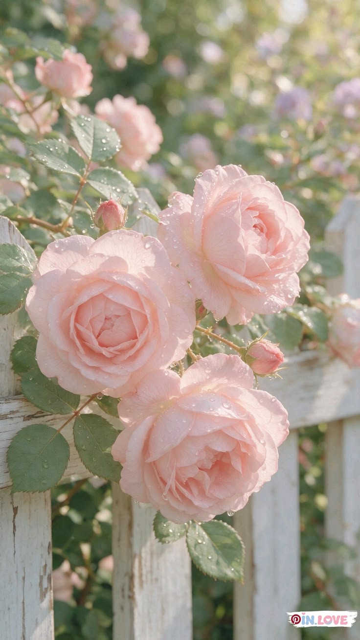 Roses roses couvertes de rosée dans une lumière douce